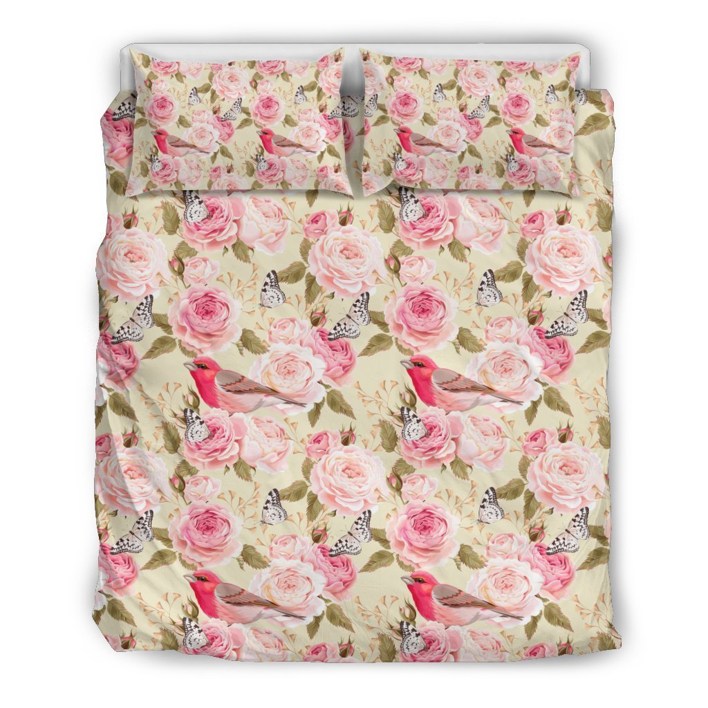 Bird Butterfly Pink Flower Print Pattern Duvet Cover Bedding Set