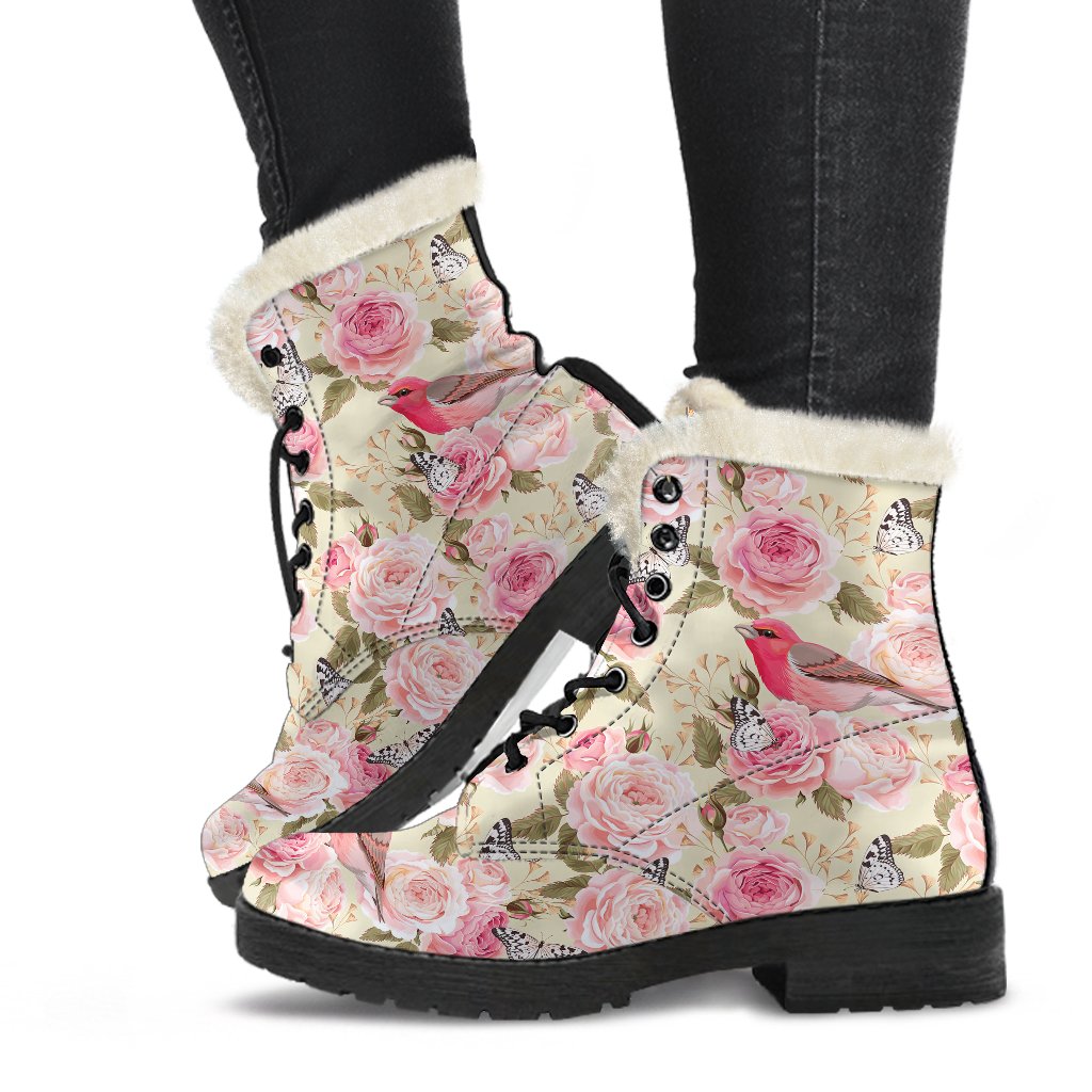 Bird Butterfly Pink Flower Print Pattern Faux Fur Leather Boots-JTAMIGO.COM