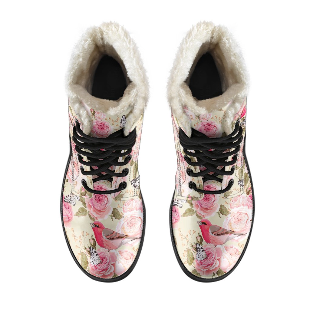 Bird Butterfly Pink Flower Print Pattern Faux Fur Leather Boots-JTAMIGO.COM