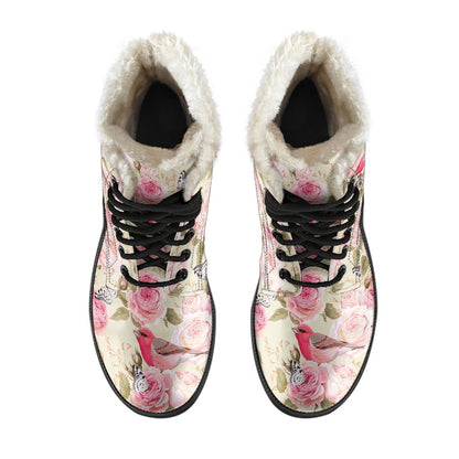 Bird Butterfly Pink Flower Print Pattern Faux Fur Leather Boots-JTAMIGO.COM