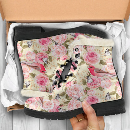 Bird Butterfly Pink Flower Print Pattern Faux Fur Leather Boots-JTAMIGO.COM
