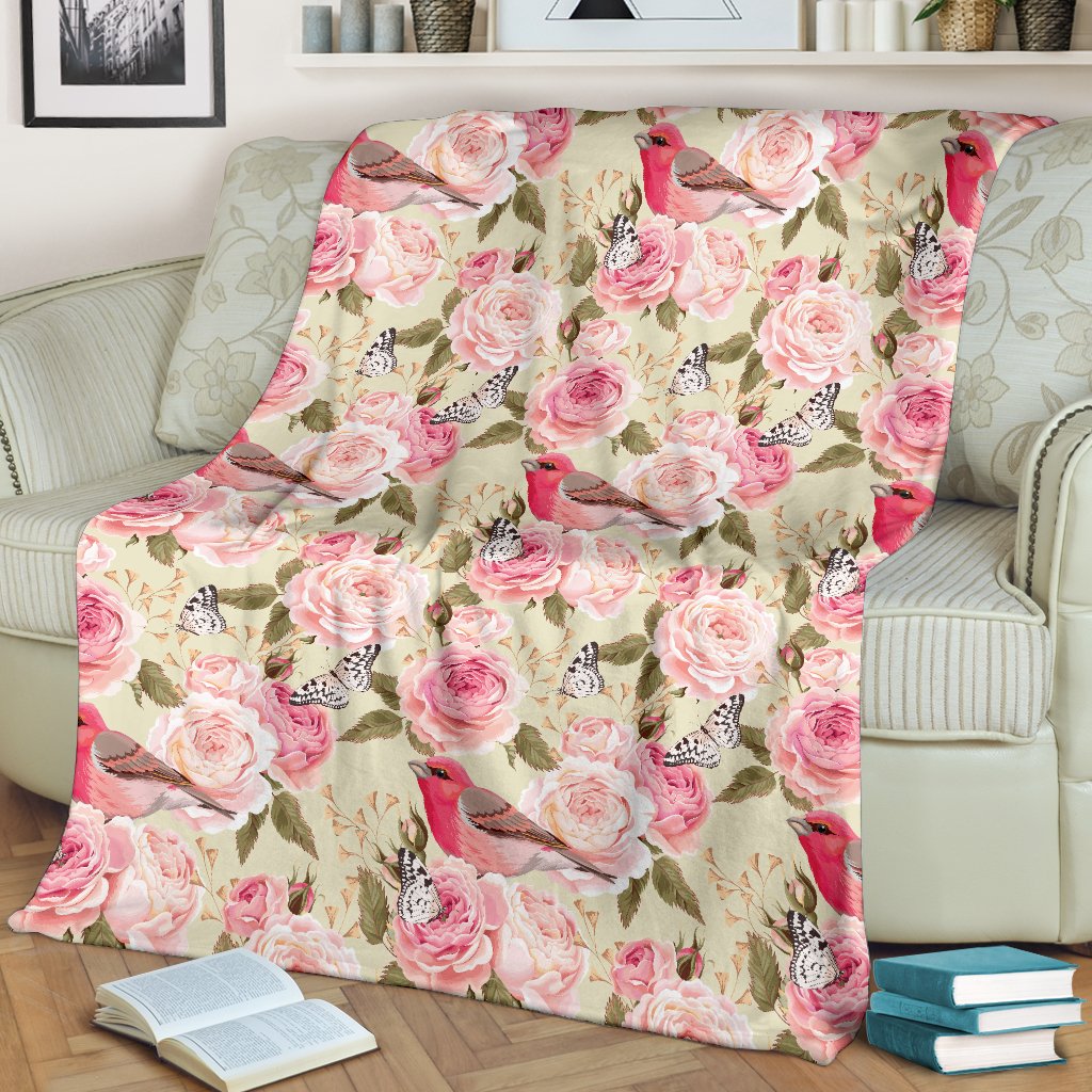 Bird Butterfly Pink Flower Print Pattern Fleece Blanket