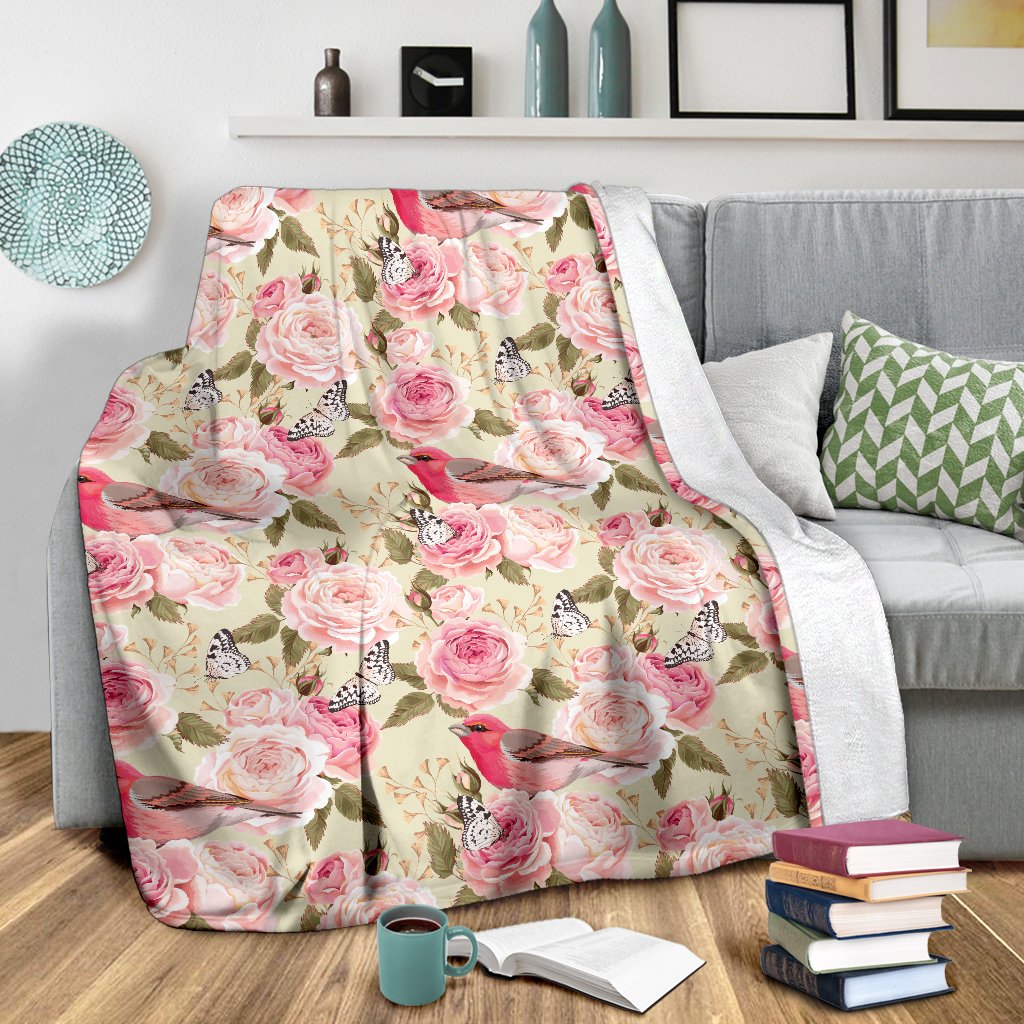 Bird Butterfly Pink Flower Print Pattern Fleece Blanket