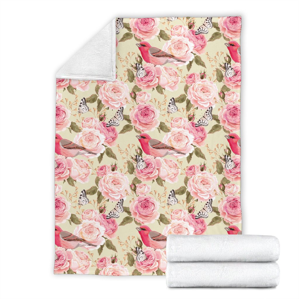 Bird Butterfly Pink Flower Print Pattern Fleece Blanket