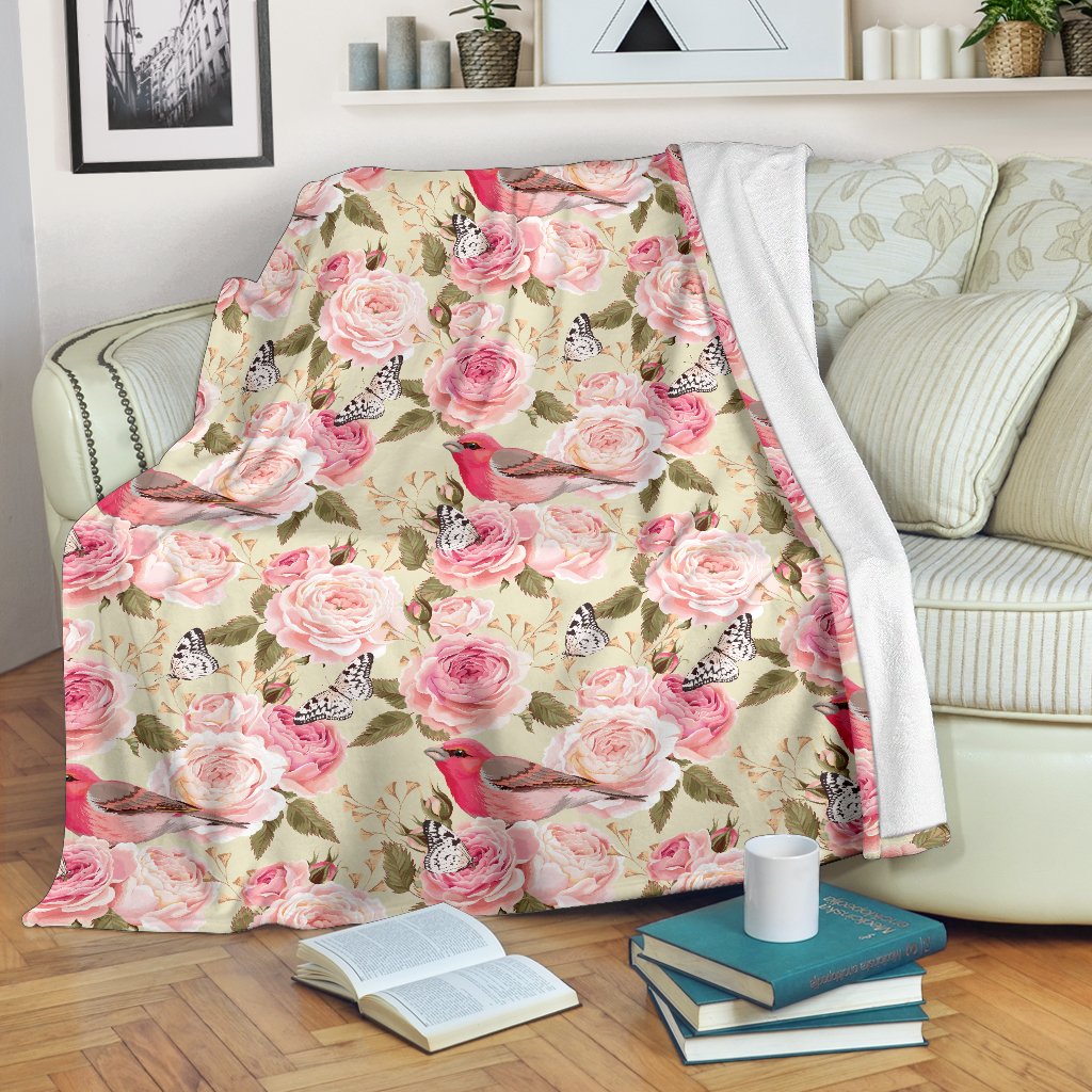 Bird Butterfly Pink Flower Print Pattern Fleece Blanket