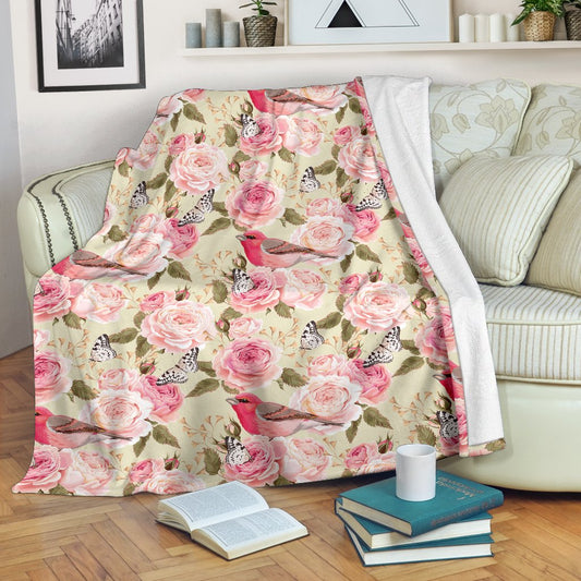 Bird Butterfly Pink Flower Print Pattern Fleece Blanket