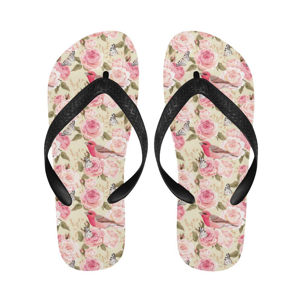 Bird Butterfly Pink Flower Print Pattern Flip Flops-JTAMIGO.COM