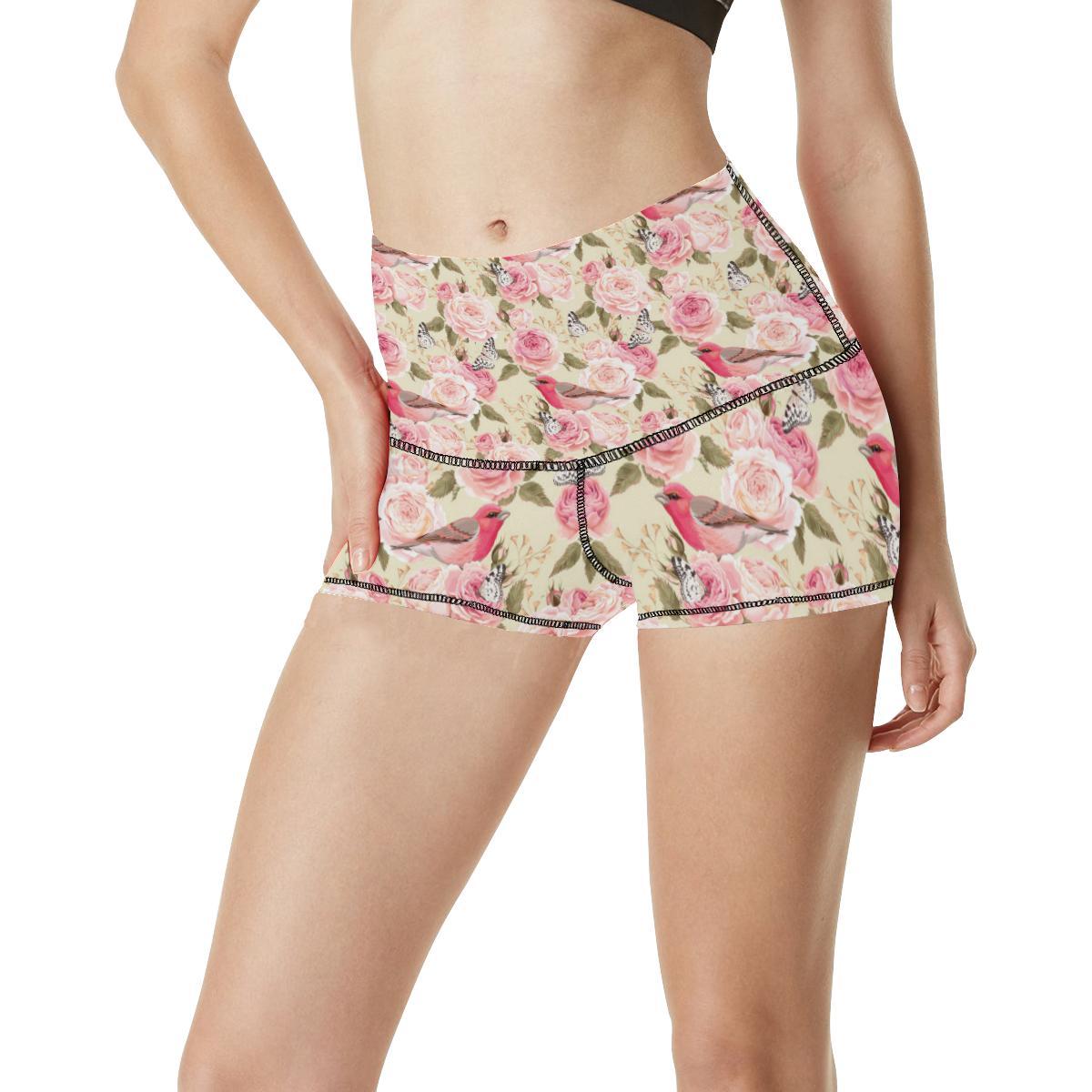 Bird Butterfly Pink Flower Print Pattern High Waisted Spandex Shorts-JTAMIGO.COM