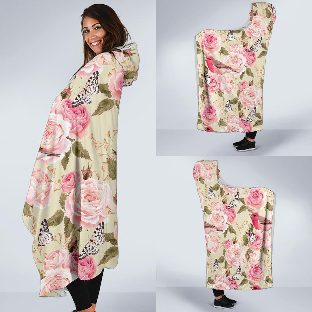 Bird Butterfly Pink Flower Print Pattern Hooded Blanket-JTAMIGO.COM