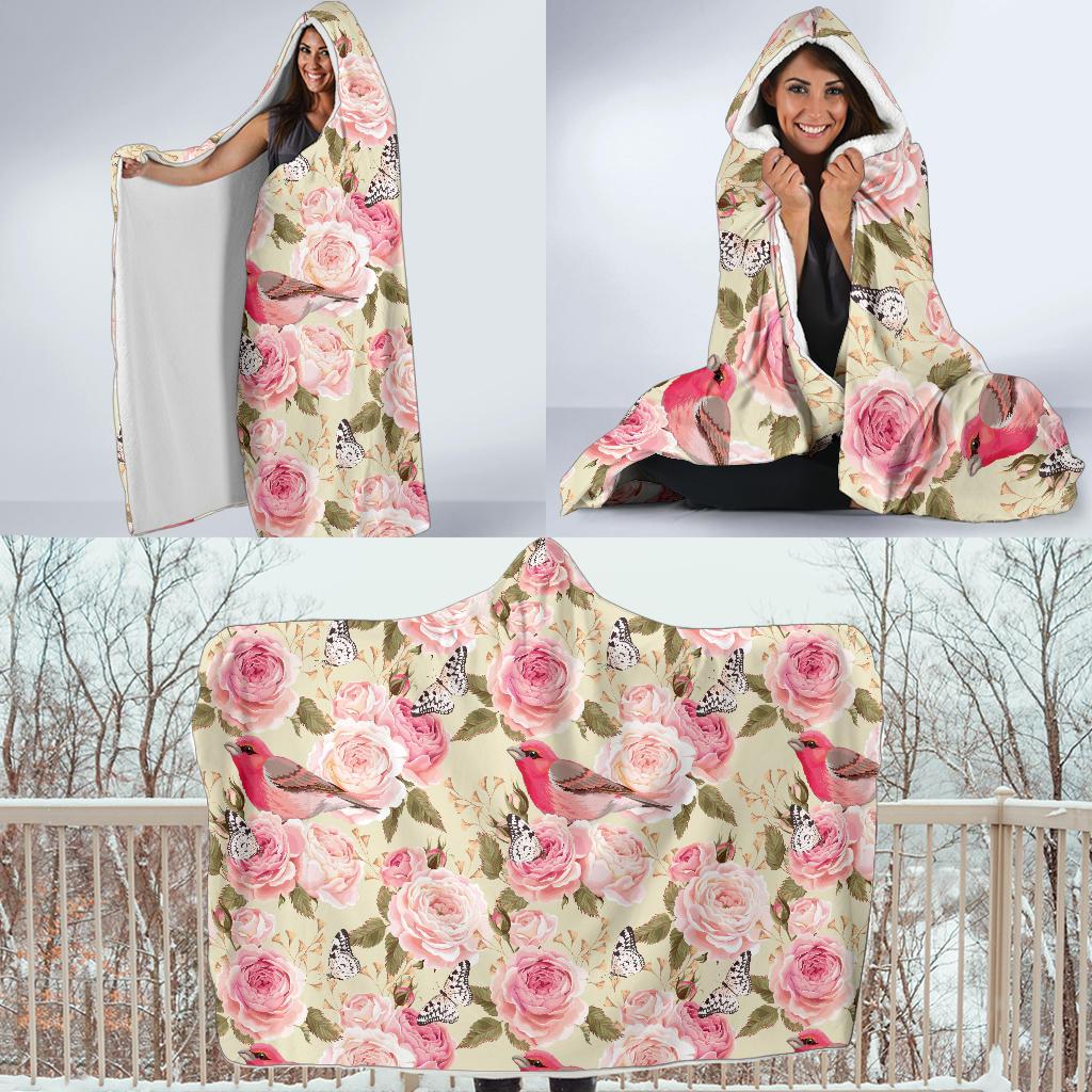 Bird Butterfly Pink Flower Print Pattern Hooded Blanket-JTAMIGO.COM