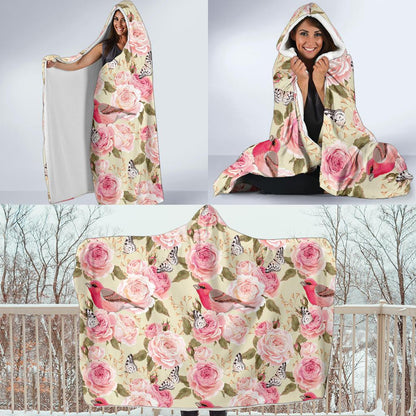 Bird Butterfly Pink Flower Print Pattern Hooded Blanket-JTAMIGO.COM