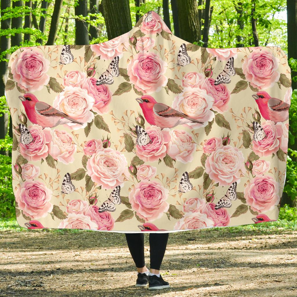 Bird Butterfly Pink Flower Print Pattern Hooded Blanket-JTAMIGO.COM