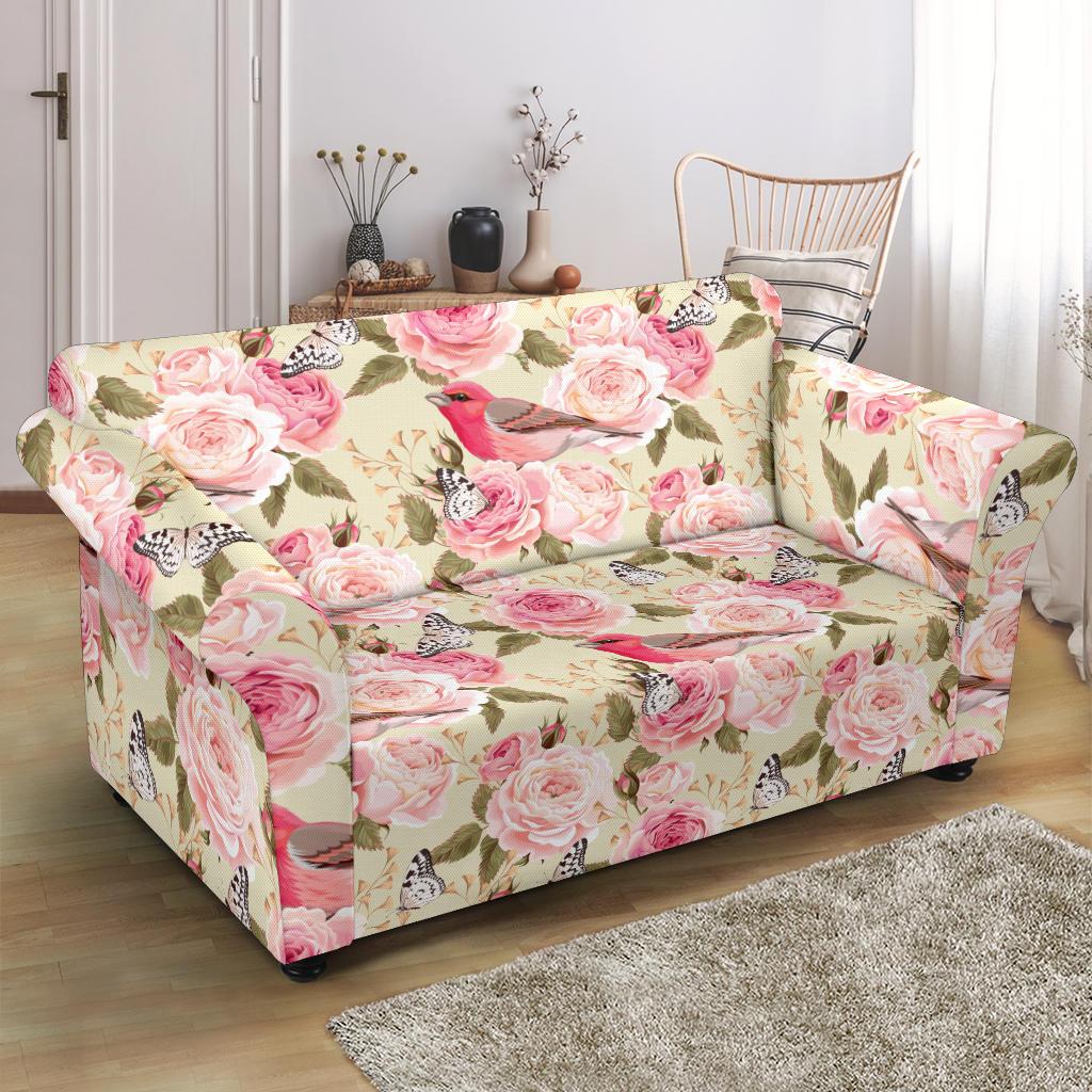 Bird Butterfly Pink Flower Print Pattern Loveseat Slipcover-JTAMIGO.COM