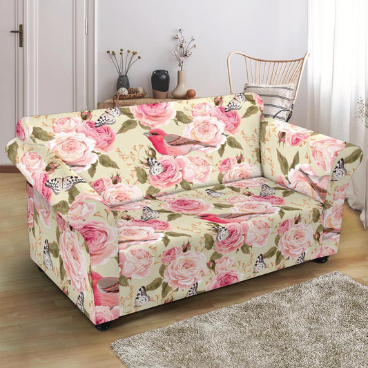 Bird Butterfly Pink Flower Print Pattern Loveseat Slipcover-JTAMIGO.COM