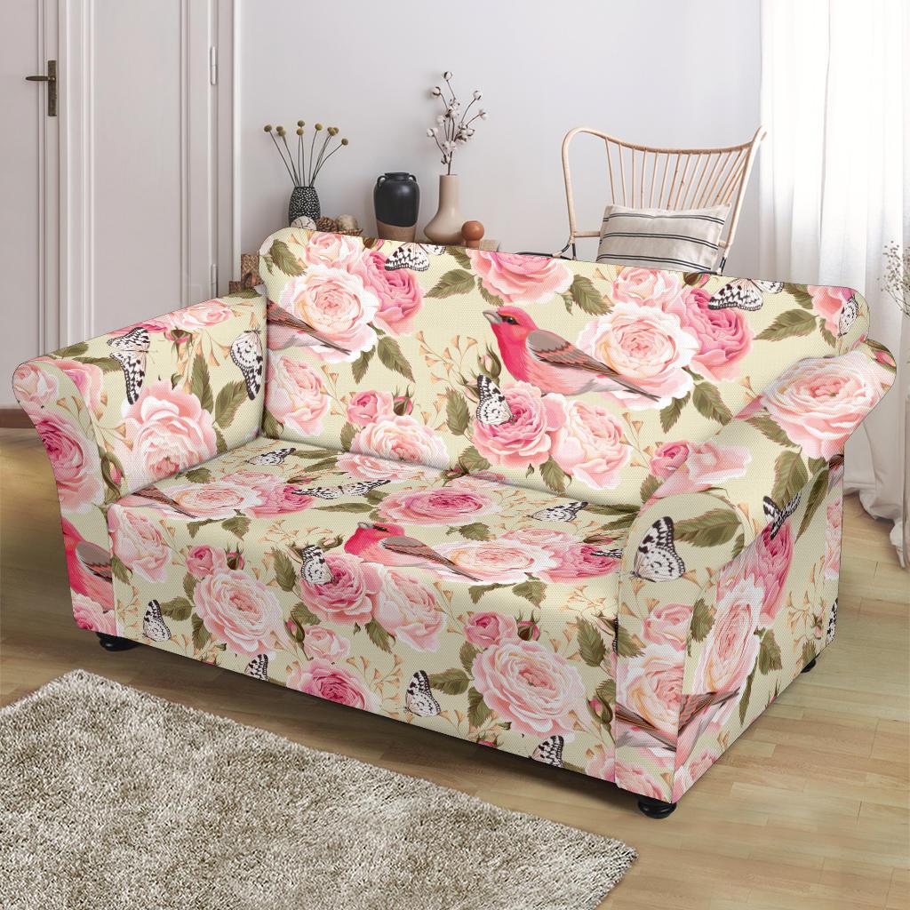 Bird Butterfly Pink Flower Print Pattern Loveseat Slipcover-JTAMIGO.COM