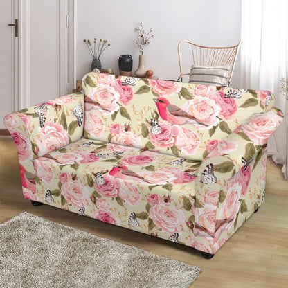 Bird Butterfly Pink Flower Print Pattern Loveseat Slipcover-JTAMIGO.COM
