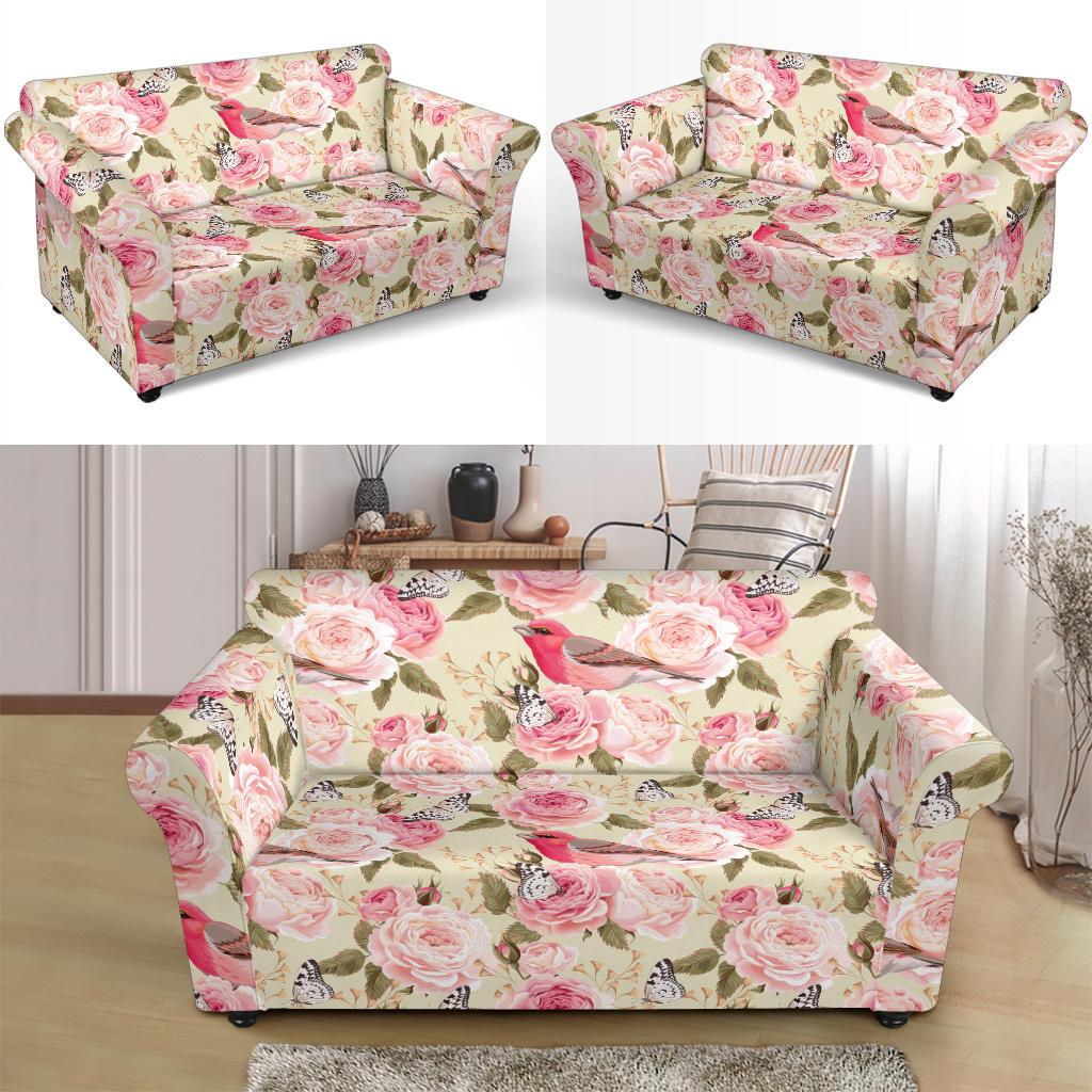 Bird Butterfly Pink Flower Print Pattern Loveseat Slipcover-JTAMIGO.COM
