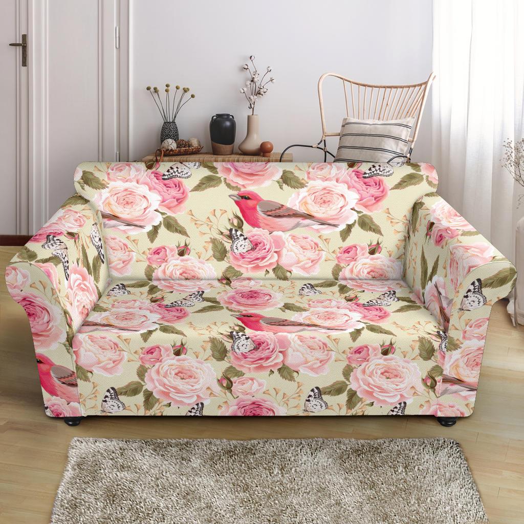 Bird Butterfly Pink Flower Print Pattern Loveseat Slipcover-JTAMIGO.COM