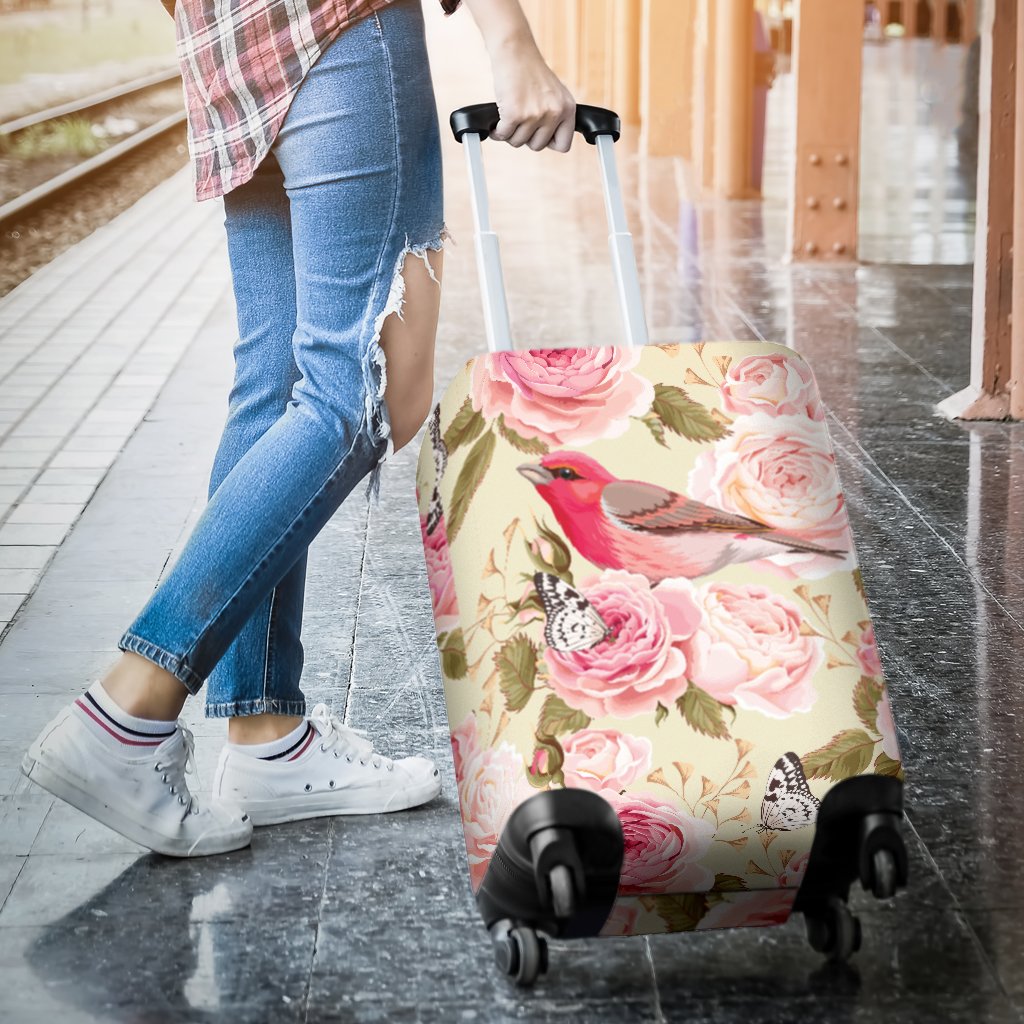 Bird Butterfly Pink Flower Print Pattern Luggage Cover Protector