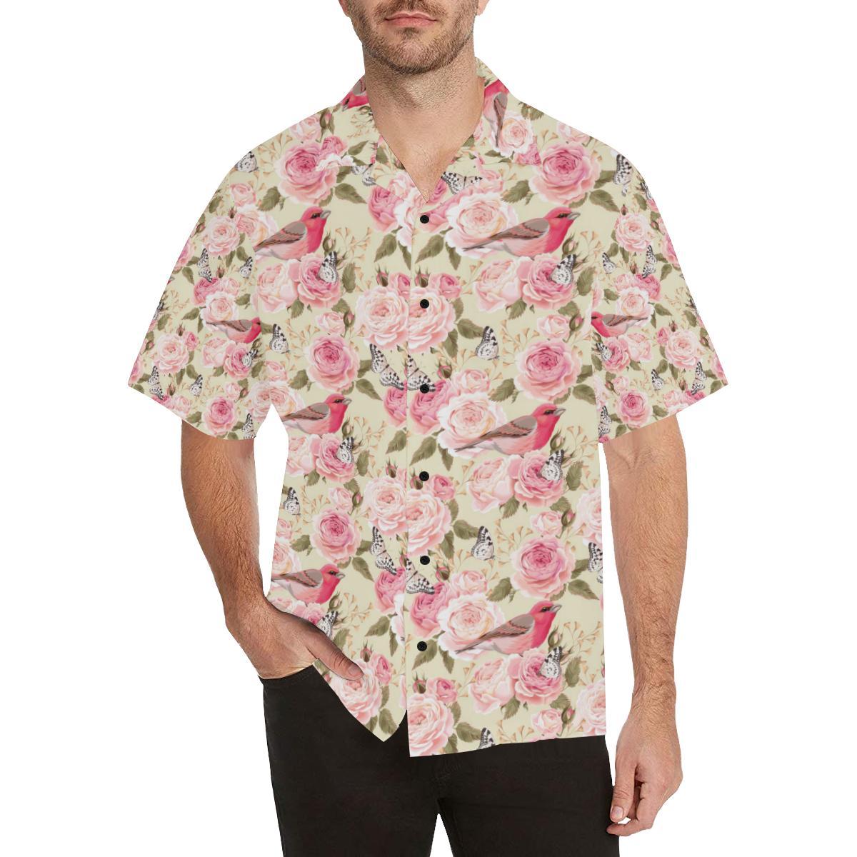 Bird Butterfly Pink Flower Print Pattern Men Aloha Hawaiian Shirt