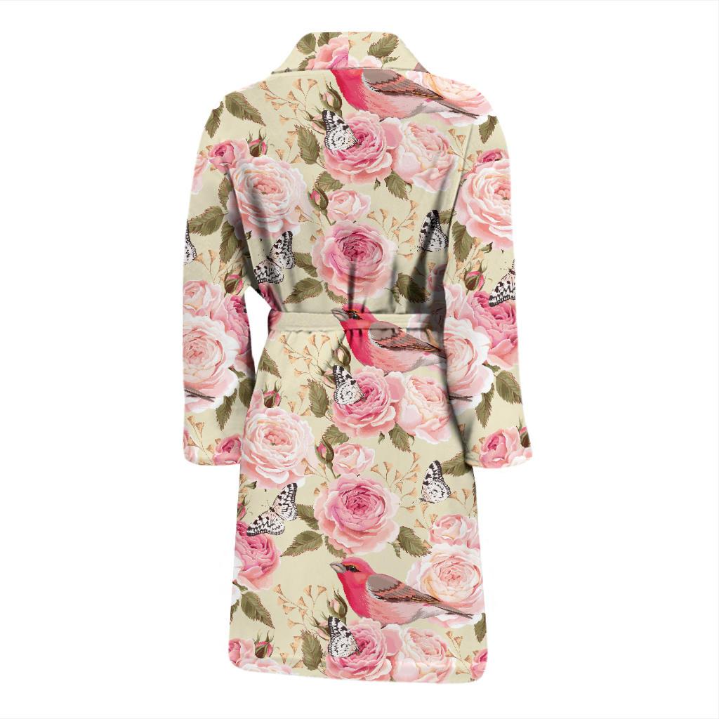 Bird Butterfly Pink Flower Print Pattern Men Bath Robe-JTAMIGO.COM