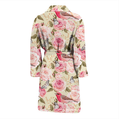 Bird Butterfly Pink Flower Print Pattern Men Bath Robe-JTAMIGO.COM