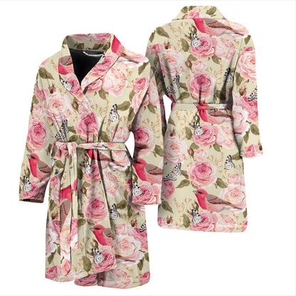 Bird Butterfly Pink Flower Print Pattern Men Bath Robe-JTAMIGO.COM