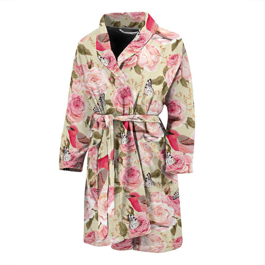 Bird Butterfly Pink Flower Print Pattern Men Bath Robe-JTAMIGO.COM