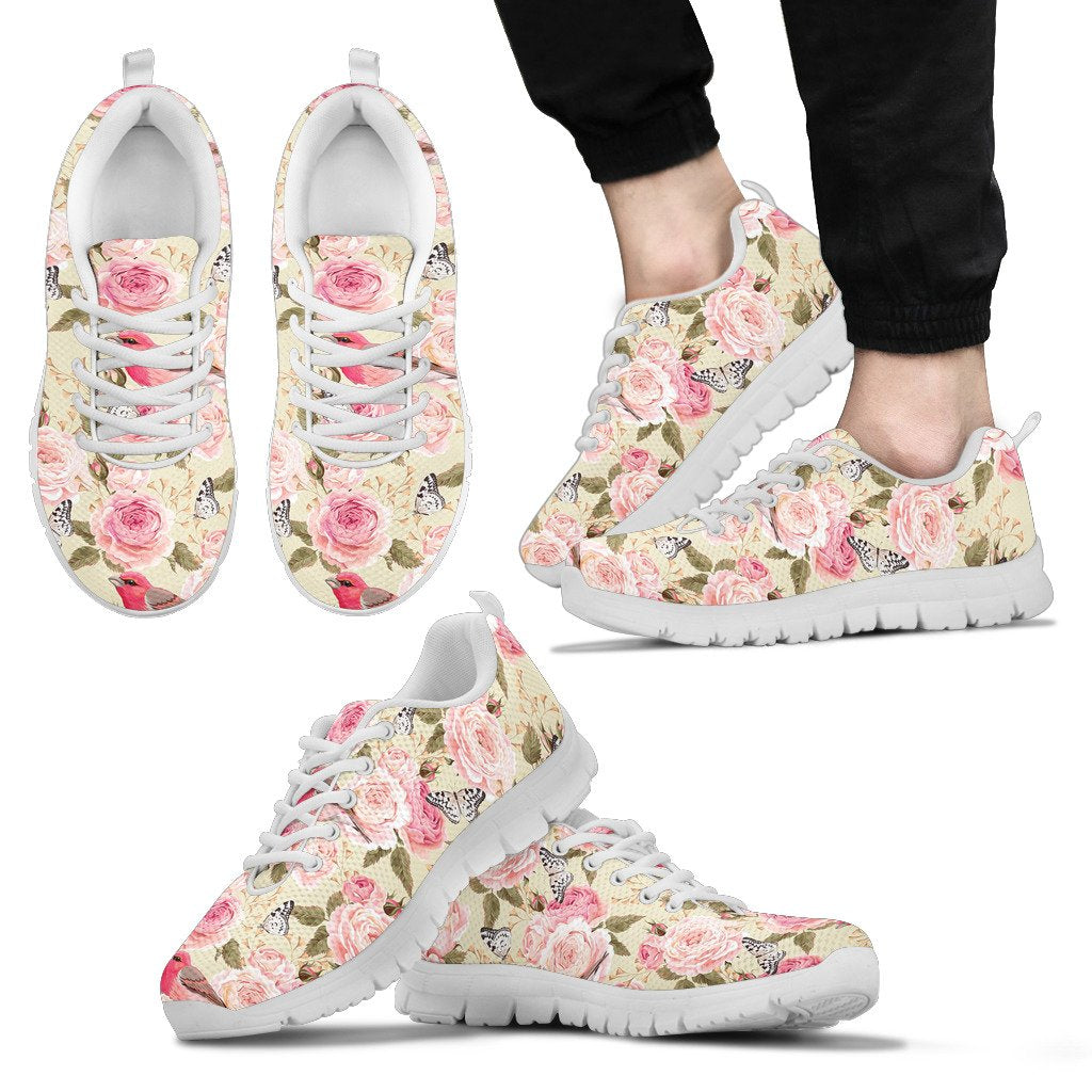 Bird Butterfly Pink Flower Print Pattern Men Sneakers Shoes