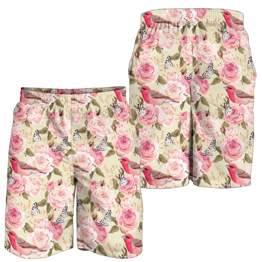 Bird Butterfly Pink Flower Print Pattern Mens Shorts-JTAMIGO.COM