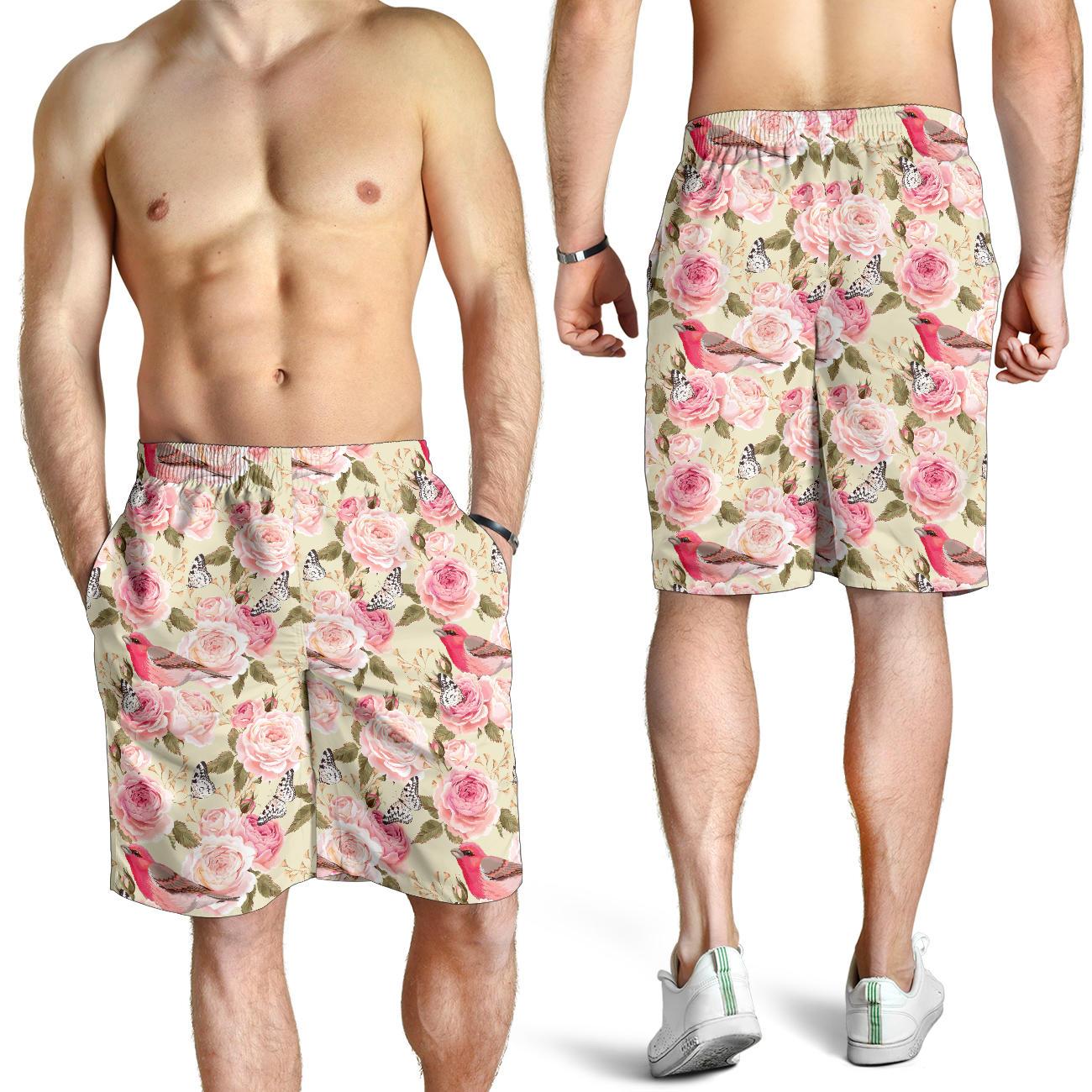 Bird Butterfly Pink Flower Print Pattern Mens Shorts-JTAMIGO.COM
