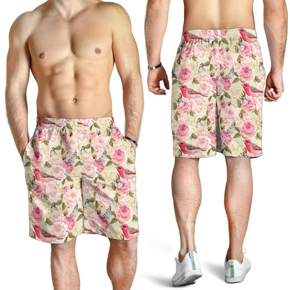 Bird Butterfly Pink Flower Print Pattern Mens Shorts-JTAMIGO.COM