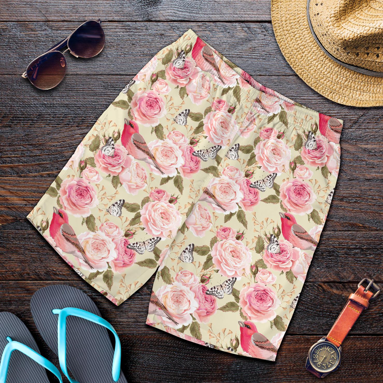 Bird Butterfly Pink Flower Print Pattern Mens Shorts-JTAMIGO.COM