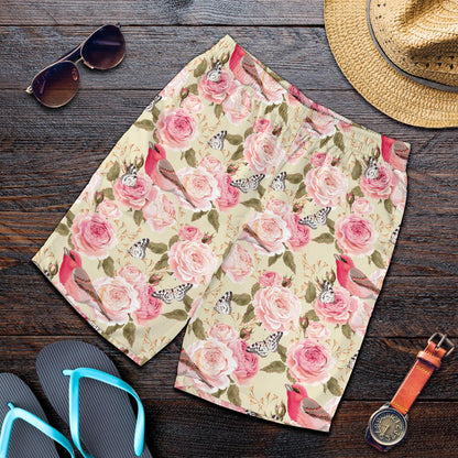 Bird Butterfly Pink Flower Print Pattern Mens Shorts-JTAMIGO.COM