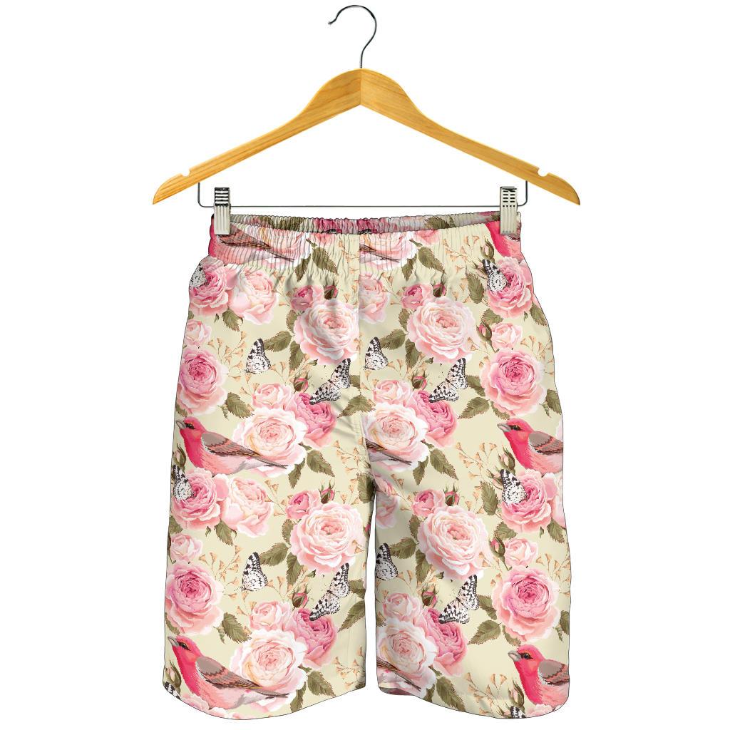 Bird Butterfly Pink Flower Print Pattern Mens Shorts-JTAMIGO.COM
