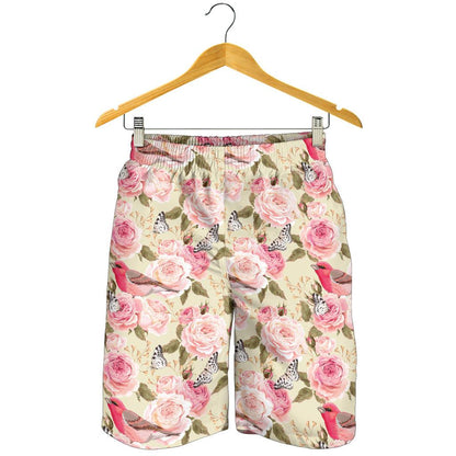 Bird Butterfly Pink Flower Print Pattern Mens Shorts-JTAMIGO.COM