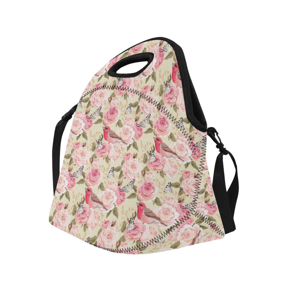 Bird Butterfly Pink Flower Print Pattern Neoprene Lunch Bag (Model 1669)(Large)-JTAMIGO.COM