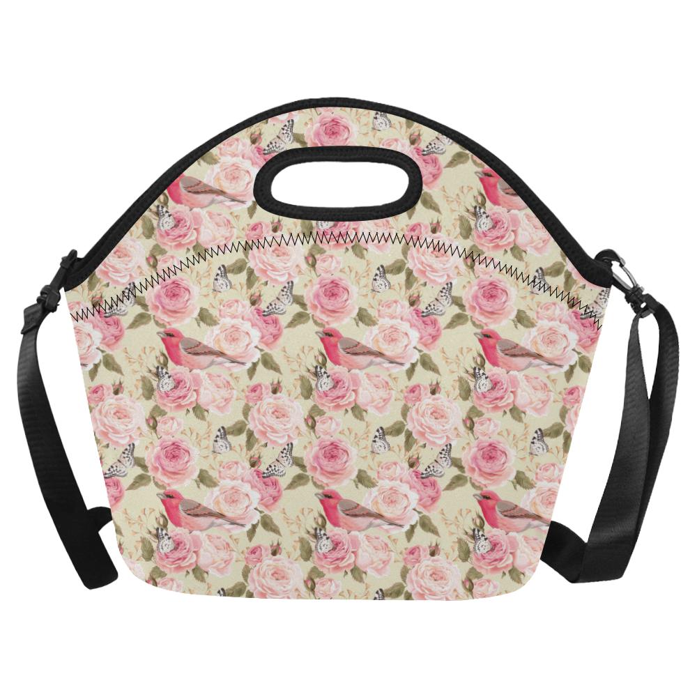 Bird Butterfly Pink Flower Print Pattern Neoprene Lunch Bag (Model 1669)(Large)-JTAMIGO.COM