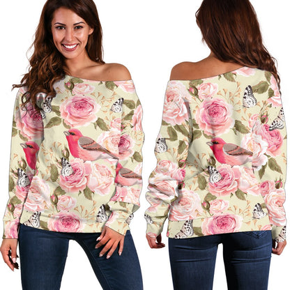 Bird Butterfly Pink Flower Print Pattern Off Shoulder Sweatshirt