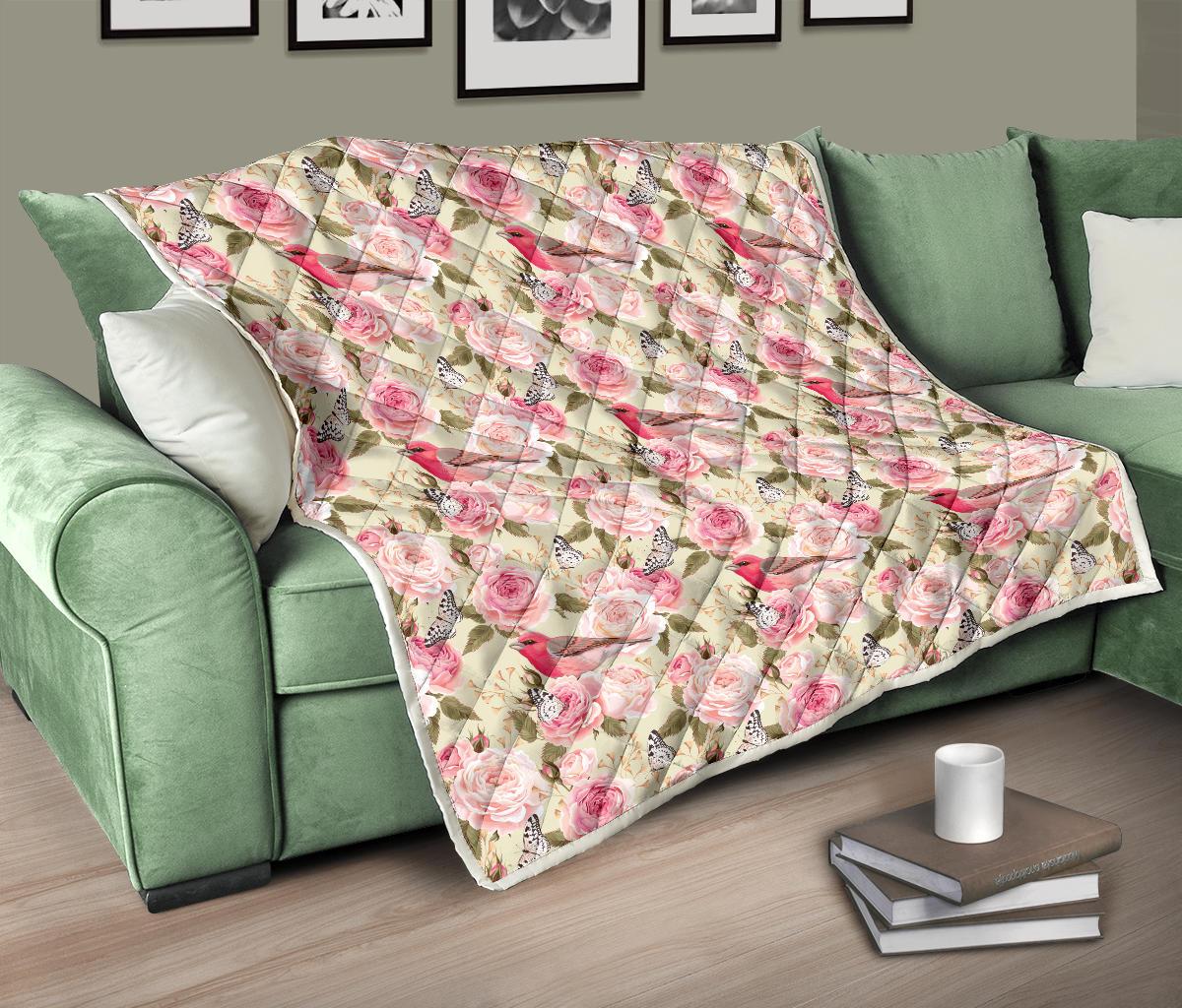 Bird Butterfly Pink Flower Print Pattern Premium Quilt-JTAMIGO.COM