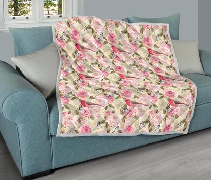 Bird Butterfly Pink Flower Print Pattern Premium Quilt-JTAMIGO.COM