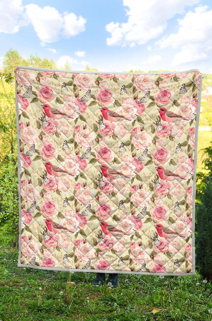 Bird Butterfly Pink Flower Print Pattern Premium Quilt-JTAMIGO.COM