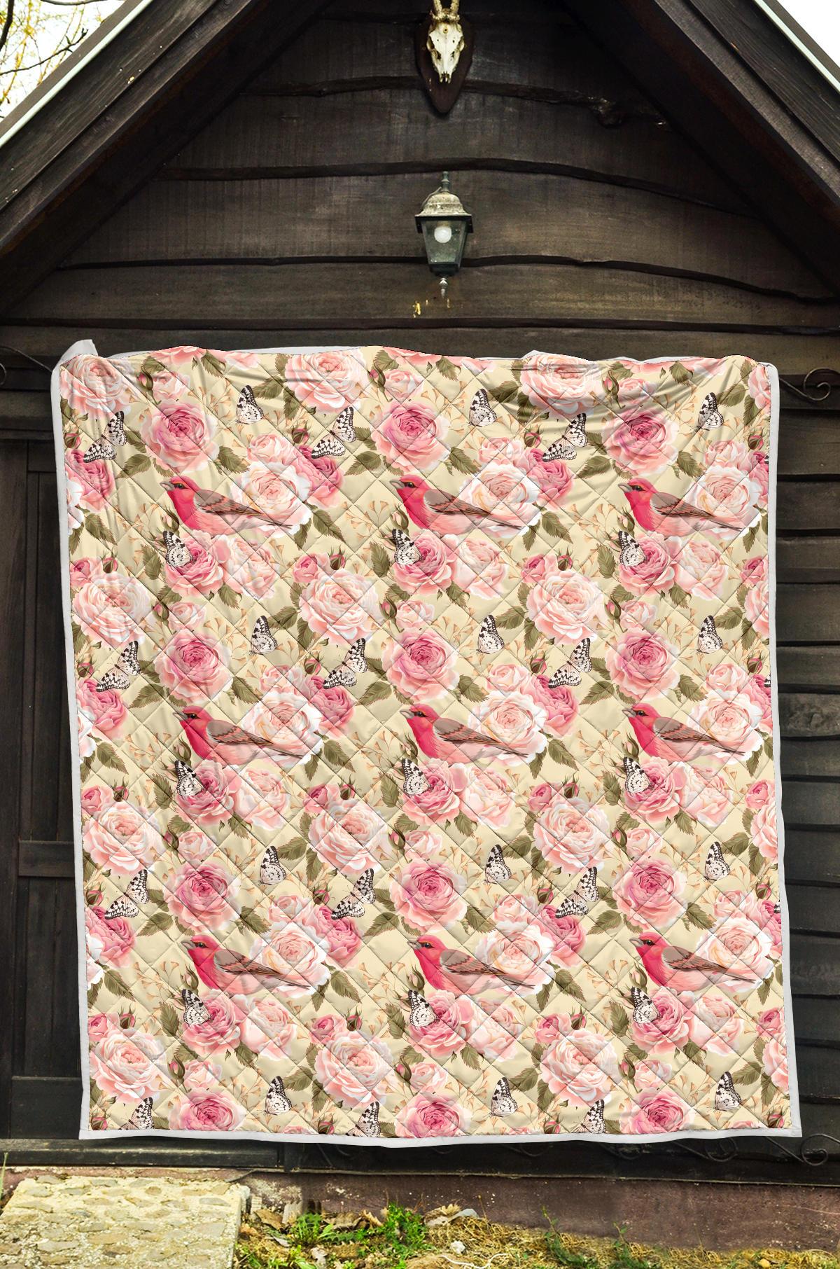 Bird Butterfly Pink Flower Print Pattern Premium Quilt-JTAMIGO.COM