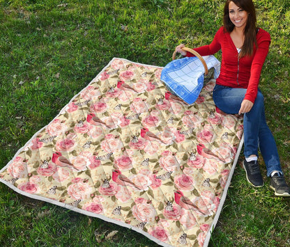 Bird Butterfly Pink Flower Print Pattern Premium Quilt-JTAMIGO.COM