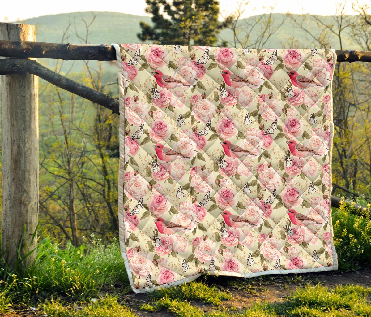 Bird Butterfly Pink Flower Print Pattern Premium Quilt-JTAMIGO.COM