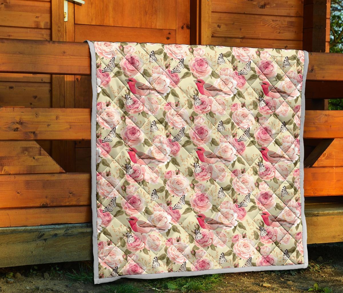 Bird Butterfly Pink Flower Print Pattern Premium Quilt-JTAMIGO.COM