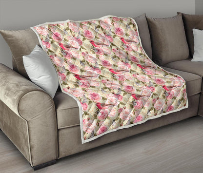 Bird Butterfly Pink Flower Print Pattern Premium Quilt-JTAMIGO.COM