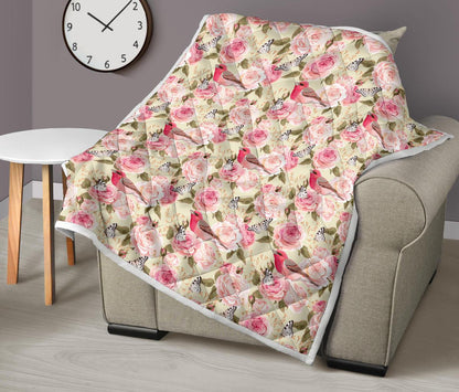 Bird Butterfly Pink Flower Print Pattern Premium Quilt-JTAMIGO.COM