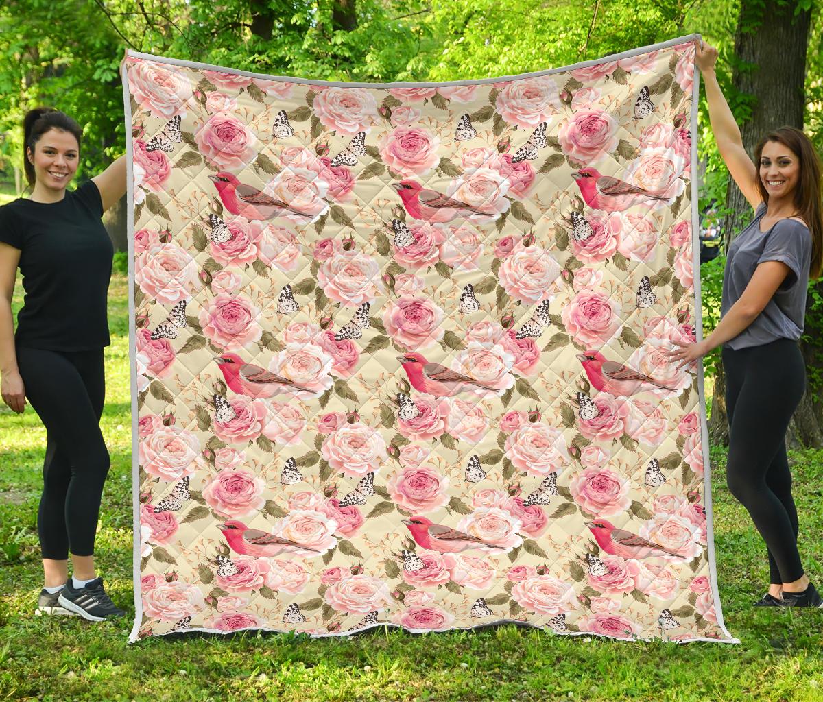 Bird Butterfly Pink Flower Print Pattern Premium Quilt-JTAMIGO.COM