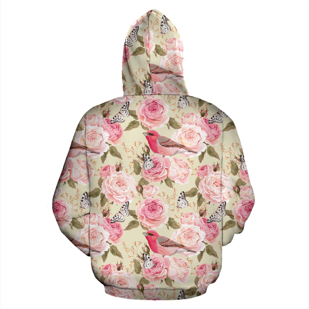 Bird Butterfly Pink Flower Print Pattern Pullover Hoodie